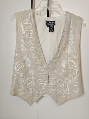Adolfo International Embroidered Linen Vest Tan White Floral V-Neck Size M